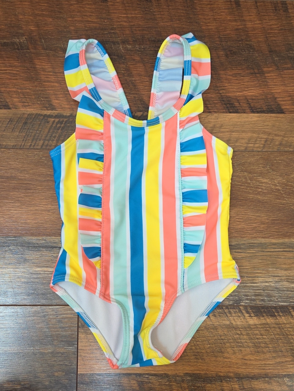 Wonder Nation Blue, Yellow, Pink Striped Ruffle One Piece Swimsuit, Size 2T
